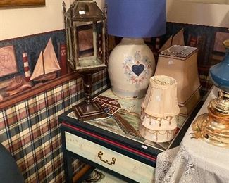 other side table, lamp, shades and decor