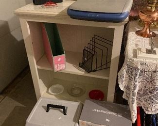 Off white bookcase/ shelving, storage, brand new coffee pot, scanner and misc 
