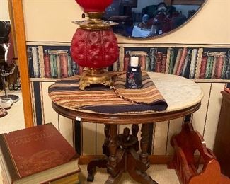 Marble top table , beautiful lamp and magazine rack 