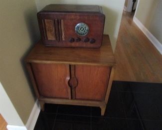 Mid Century cabinet and antique radio