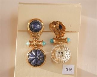 Francesca Romana Clip back earrings. Top portion has a round cabochon sodalite stone bezel.  Connecting the upper and lower portion is a ribbed round horizontal bar measuring about 17mn in length set on either end of it is a round pointed cabochon aventurine quartz. The lower portion has a round fluted cabochon sodalite bezel set.