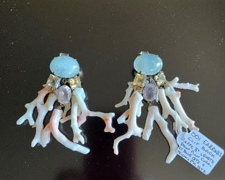 Iradj Moini Spectacular gold Tone Drop earrings measuring approx. 3” in length. The top portion has a light blue quartz and also yellow and pink quartz. There are 7 light pink coral branch drops on each earring.