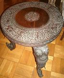 ANTIQUE HANDMADE CARVED ORNATE ELEPHANT LEGS WITH TUSKS TABLE
