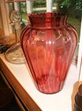 LARGE CRANBERRY RIBBED VASE