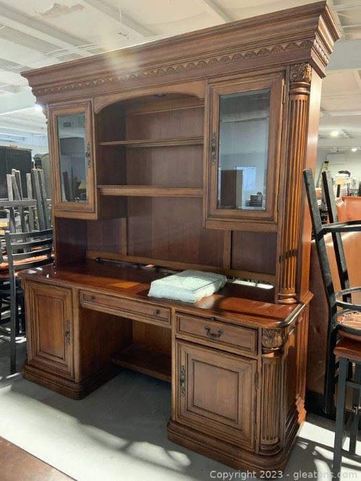 Beautifully Carved Desk Hutch with Glass Shelves