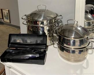 Pair of Belgique Stock Pots with Inserts and Lids and An Electric Knife