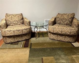 Bernhardt upholstered armchairs with glass top, metal 3 legged accent table 