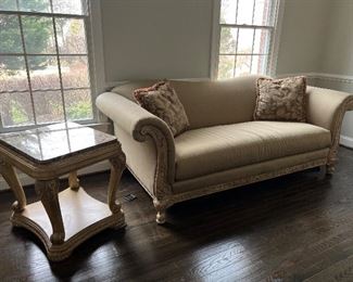 Schnadig Marble topped wooden 4 legged accent table & Schnadig Rolled arm wooden accent silk upholstered sofa (90"W x 40"D x 34"H)