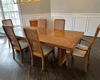Huntley by Thomasville Dining Table (65"L x 42"W x 30"H w/ 2 leaves 16"L each) & 6 rattan back chairs (2 armchairs & 4 side chairs)