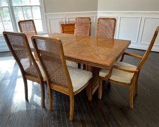 Huntley by Thomasville Dining Table (65"L x 42"W x 30"H includes 2 leaves 16"L each) & 6 rattan back chairs (2 armchairs & 4 side chairs)