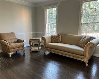 Schnadig plush upholstered armchair &  Benhardt Marble topped wooden 4 legged accent table & Schnadig Rolled arm wooden accent silk upholstered sofa 