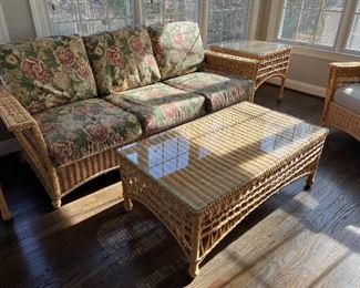 Braxton Culler wicker sofa, coffee table with protective glass & end table with protective glass (pr)
