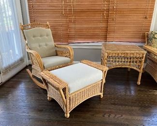 Braxton Culler wicker rocking chair with ottoman and glass top protected end table (pr)