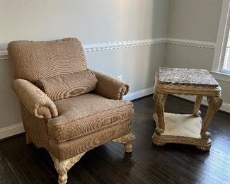 Schnadig plush upholstered armchair & Bernhardt Marble topped wooden 4 legged accent table 