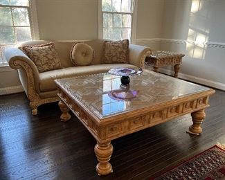 Bernhardt rectangular wooden coffee table with glass top protection (55"L X 48"W X 21"H)
