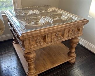 Bernhardt rectangular wooden end table with glass top protection (34"L X 31"W X 26"H)