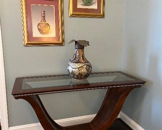 Schnadig harp shaped glass top console table (22"D x 56"W x 32"H)
