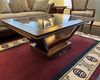 Schnadig harp shaped glass top coffee table (34"D x 48"W x 21"H)
