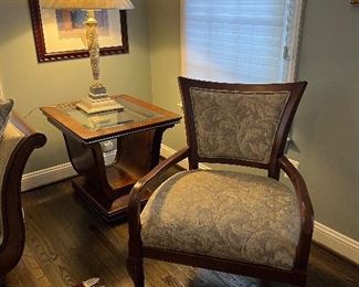 Schnadig curved back floral pattern upholstered armchair (pr)