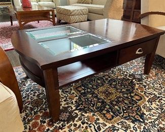American Signature 2 Drawer Coffee Table with 2 portioned glass & wooden top