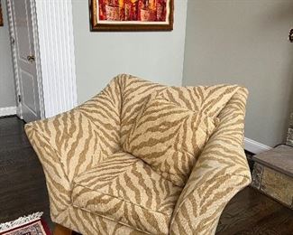 American Signature Montezuma Zebra Pattern armchair with pillow (50"W x 37"D x 37"H)