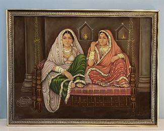 2 women in traditional Indian clothing original mixed medium on canvas