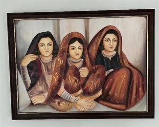 3 women in traditional Indian clothing original oil on canvas