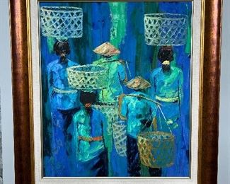 Original Oil on Canvas Market Scene signed by Kos