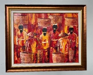 Original Oil on Canvas Market Scene signed by Kos