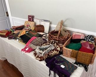 Collection of linens, fabrics and handbags