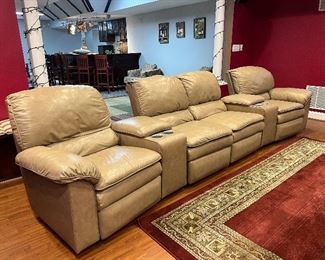 6 piece detachable leather electric reclining theater seating. (2)2 cupholder center consoles with storage