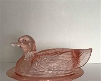 Pink Depression Glass Duck Candy Dish