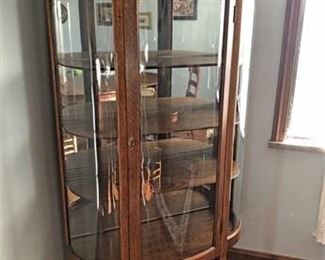 Vintage Tiger Oak Bow Front Curio Display Cabinet