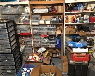 lots of tools - screws - stuff - all for sale including the storage shelves 