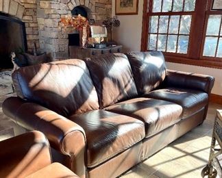 SOLD - Both sofas! Timeless Leather Sofa in Chocolate. Excellent Condition! You move. 83" length. No manufacturer label present. Bottom and top cushions attached. 