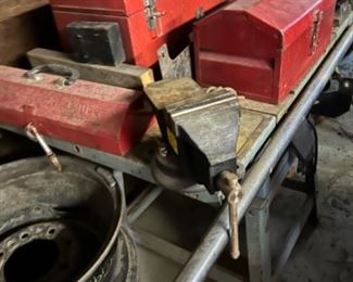 Vintage vice, tools, toolboxes, work bench