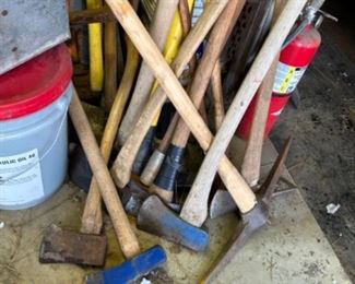 75+ vintage axes, pick axes, sledgehammers, hoes, shovels, rakes etc