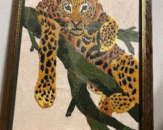 Bucilla Crewel Leopard framed needlepoint 