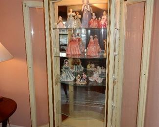 Lighted French Provincial style curio cabinet, Royal Doulton and Florence Ceramic ladies