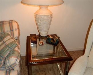  Two Beveled glass top end tables and coffee table, priced as set