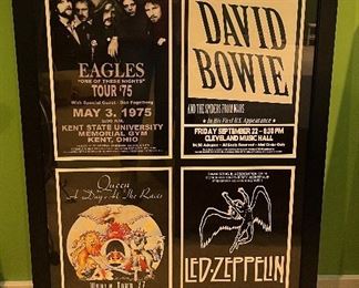 Framed Music Posters, David Bowie, Eagles, Queen and Led Zeppelin.  Approximately 21” x 43”