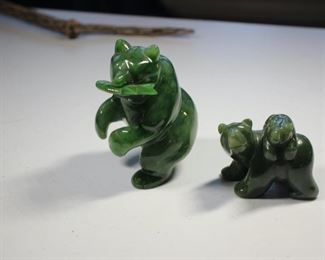 Two jade / stone bear figural groups, one signed J. Lee