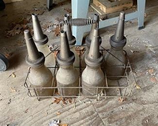 Vintage "Brookins" glass oil bottles in original holder