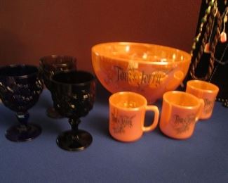 Vintage Fire King "Tom and Jerry" Punch Bowl and         7 Mugs