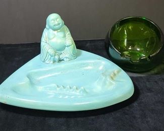 08 MCM Turquoise Buddha Pottery Ashtray And MCM Green Glass Orb Ball Ashtray
