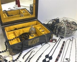 Asian Jewelry Box With Vintage Costume Jewelry In Black And Silver Tones Bonus Mystery Jewelry
