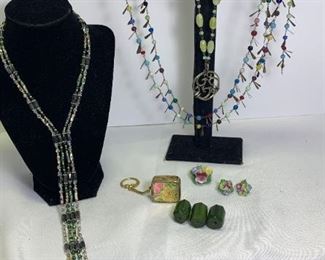 Beautiful Beaded Green Toned Jewelry, 2 Magnetic Necklaces 36in Long, Multi Colored, Clip Ons More