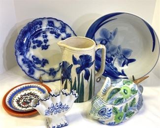 Blue White Pottery  Orchid Bowl Japan, Floral Plate England, Bunny Spain, Tulipiere Vase Portugal