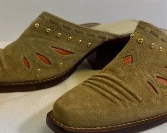 Cole Haan Tan Suede Mules Size 9, Wood Heel And Accents Of Orange Leather And Brass