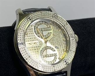 KingsMaster Mens Black Leather, Genuine Diamond Date Watch